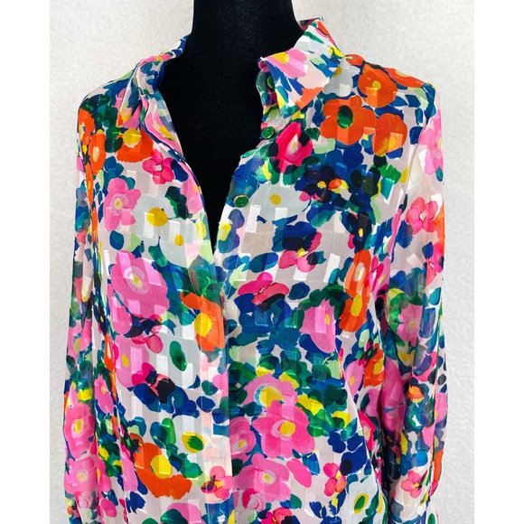 SALONI • Floral Semi-Sheer Long Sleeve Button-Down Shirt - Picture 10 of 16